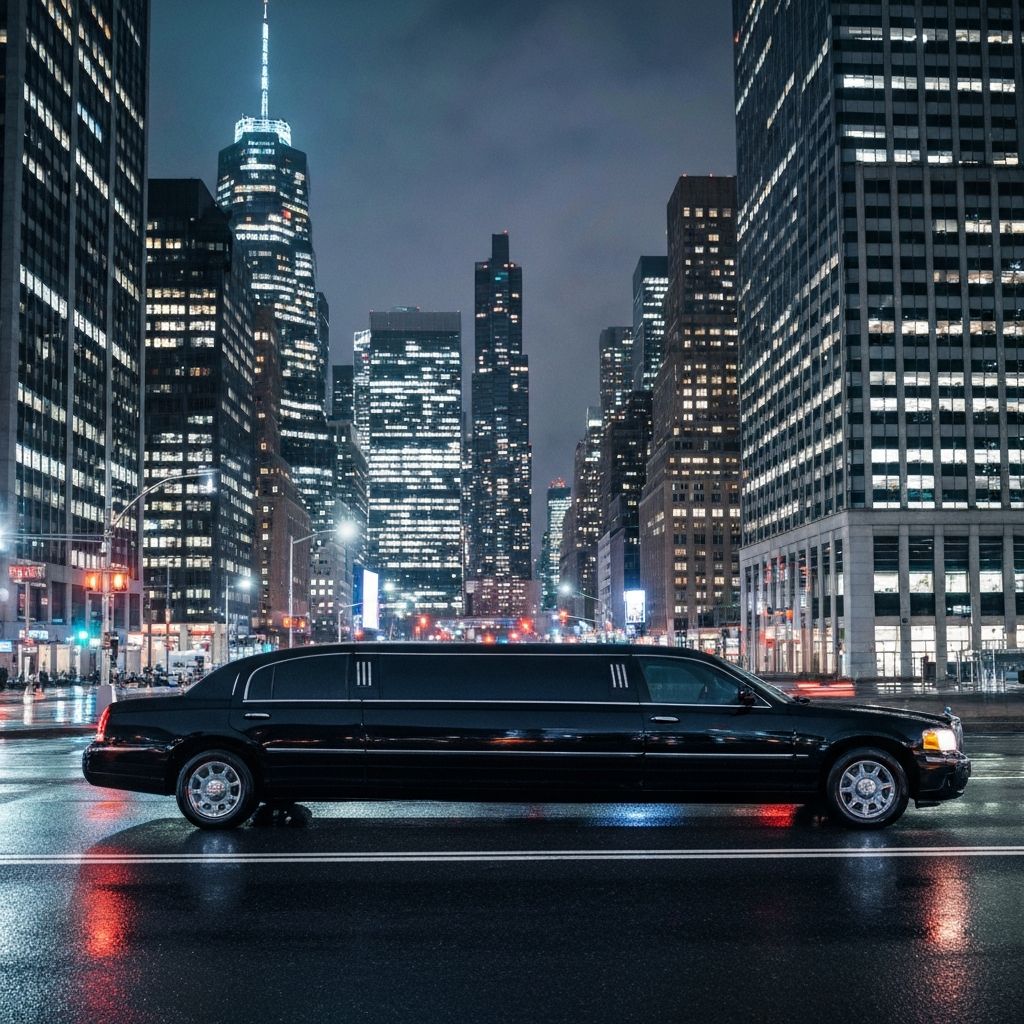 Luxury black limo interior with city lights